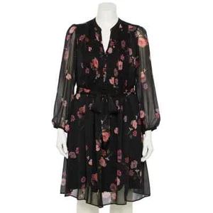 Chaus Delicate Black Floral 14W Long Sleeve V Neck Pintuck Shirt Dress Party New - Picture 1 of 2