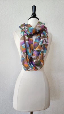 Anthropologie Infinity Scarf New Lightweight Blue Pink Geometric Sheer Boho - Image 1 of 3