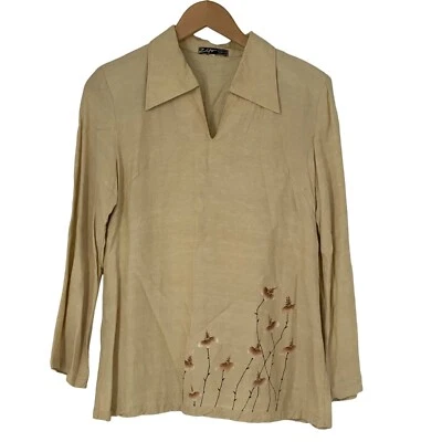 VTG Linen Top Hand Made & Painted Long Sleeve Tan Folk Art S/M 3840 - Image 1 of 4