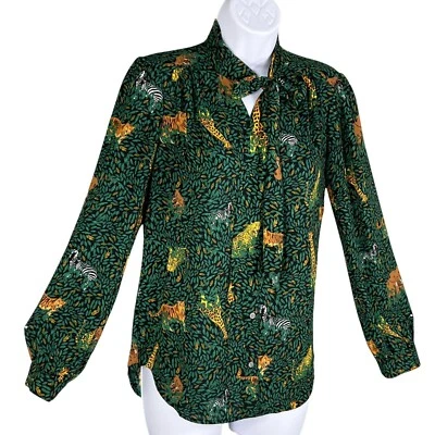 Blusa J.Crew Mujer Verde Estampado Selva Manga Larga Abotonada Cuello Atado XXS Artística Foto 1 de 4