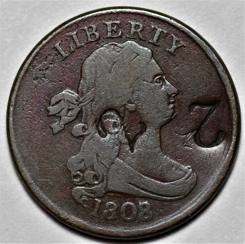 1808/7 Draped Bust Half Cent - Counterstamped - US 1/2c Copper Penny Coin - L35 Cover