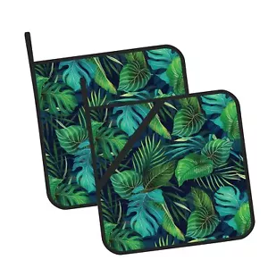 Green Tropical Leaves Pot Holders Set of 2 Kitchen Heat Resistant Potholder f... - Picture 1 of 7