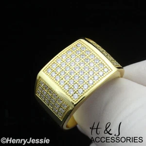 MEN 925 STERLING SILVER ICY BLING CZ GOLD PLATED 3D SQUARE SHAPE RING*AGR204 - Picture 1 of 4