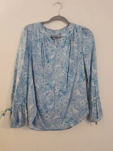 Laura Scott Women's Size Medium Petite Blue Paisley Rayon Boho Long Sleeve Top - Picture 1 of 8
