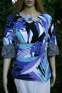 Gorgeous Jungle Print Top Beautiful Blue w Layered Sleeves Sz L Free Postage - Picture 1 of 6