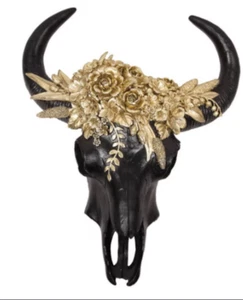 Black/Gold Cow Skull Wall Sculpture Ornament - Picture 1 of 2