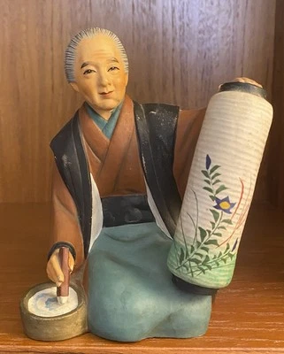 50s Hakata Mimasu Doll Woman Artist Painting Lantern Vase Floral Pot Japan - Image 1 of 4