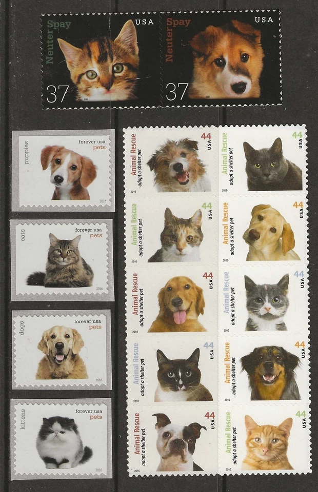 GATOS Y PERROS, CACHORROS Y GATITOS - JUEGO DE 16 SELLOS POSTALES EE. UU. - COMO NUEVO Foto 1 de 1