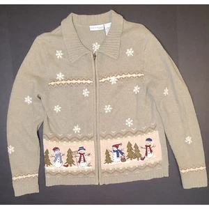 Suéter Croft & Barrow Mujer Sage Muñeco de Nieve Vacaciones Tejido Cremallera Completa Med PETITE - Imagen 1 de 10
