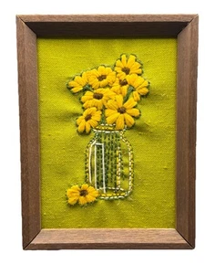 Vintage Handmade Crewel Embroidered Wood Frame Flowers In Ball Yellow Green 8x6” - Picture 1 of 8