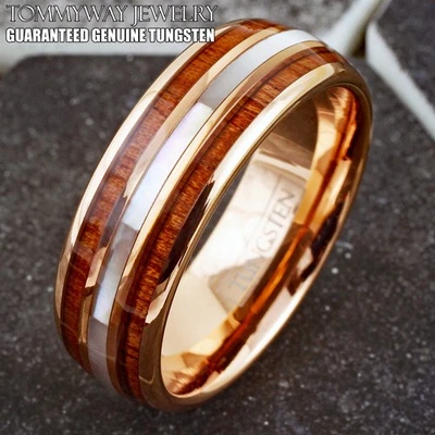 8mm Men's Rose Gold Plated Tungsten Mother of Pearl & Koa Wood Wedding Band Ring - Image 1 of 4