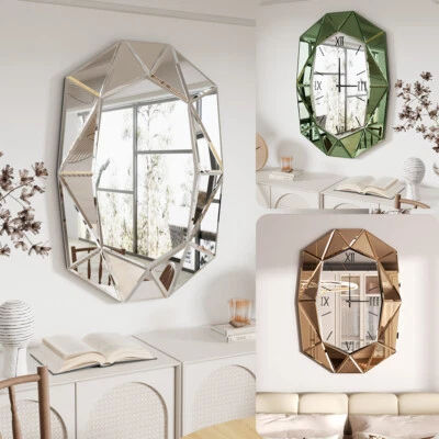 Large Diamond Style Wall Mirror Clocks Beveled Glass Living Room Cupboard Decor - image 1 of 4