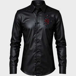 Men's Black Leather Shirt Rose Embroidery Stylish Floral Button-Up Biker Rock - Picture 1 of 3