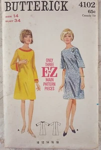 Butterick 4102 Schnittmuster Vintage 60er UNCUT Kleid Semi-Fit A-Linie Glockenärmel 14 - Bild 1 von 7