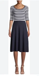 Milly Striped Bodice Fit and Flare Dress Navy Blue White Half-Sleeve Small EUC - Picture 1 of 5