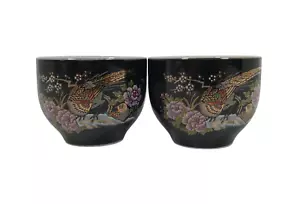 VINTAGE japanische schwarze Teetassen 2,25 Zoll x 3 Zoll schwarzgold Blumenmuster Vögel 2er-Set - Bild 1 von 15
