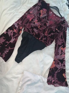 Velour Bell Sleeve Burgundy Ruffle Bodysuit 10:12 - Picture 1 of 8