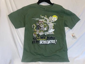 NWT Boys T-Shirt 'The Zombie Monkey Ate My Homework!' Green sz XL 14/16 - Picture 1 of 1