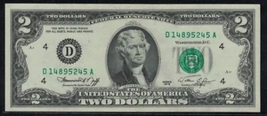 Series 1976 $2 Error Note - Misaligned Green Seal overprint S/N D14895245A - Picture 1 of 2