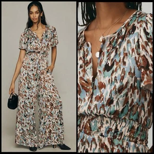 Anthropologie The Somerset Jumpsuit Turquoise Size Large $198 Abstract Pull-On - Picture 1 of 11