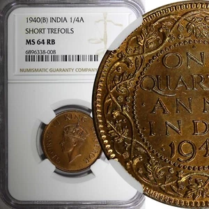 India-British George VI 1940 (B) 1/4 Anna Short Trefoils NGC MS64 RB KM# 531 (8) - Picture 1 of 5