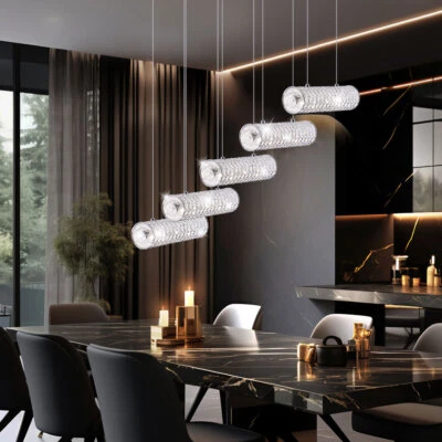 Lampada a Sospensione Lampada da Soggiorno 5 Fiamma Argento Vetro Cristalli LED - Immagine 1 di 4