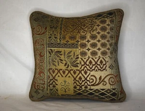 patch work print chenille decorative throw pillow gold brown green with piping - Picture 1 of 2