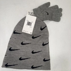 Nike Kids Game Day Heather Gray Black Swoosh Beanie & Gloves Set OSFA 9A2988-U89 - Picture 1 of 6