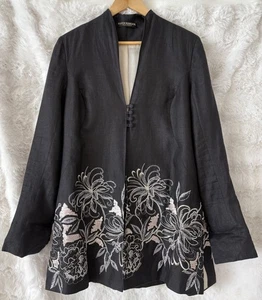 FAVOURBROOK Black Linen Long Line Jacket Sequin Embroidery Size AU UK 14 12 - Picture 1 of 8