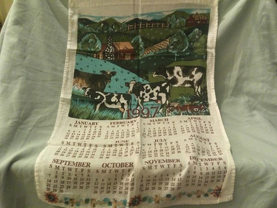 1998 Country Barn & Cows Pattern Cotton Calendar Hanging Tea Towel 15" x 21" - Image 1 of 4