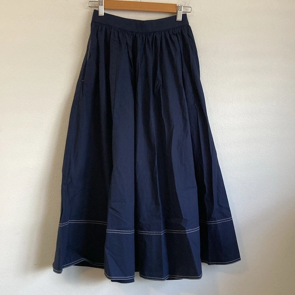 J Crew Contrast-stitch midi skirt in cotton poplin Size 0 Navy Blue - Image 1 of 4