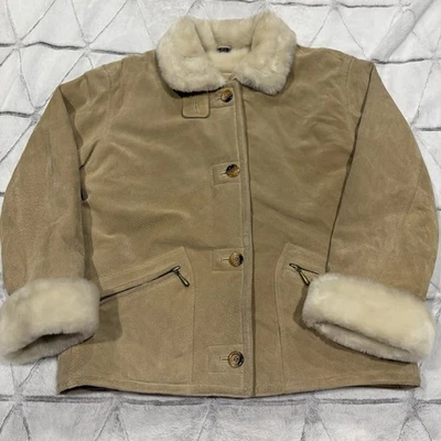 St John's Bay 麂皮绒毛皮衬里皮大衣女式中号米色夹克重型 — 第 1/4 张图片