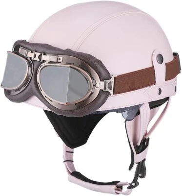 Vintage Leather Motorcycle Retro Half Helmet Scooter Bike Cruiser with Goggles Foto 1 de 4