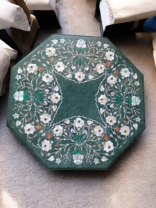 36" Green Marble Coffee Table Top Mop Inlaid Multi Precious Inlaid Gemstone Work - Picture 1 of 13