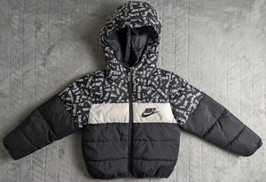 Nike Puffer Jacket Black White Boys Size 5/S Just Do It Spellout Print Full Zip - Picture 1 of 6