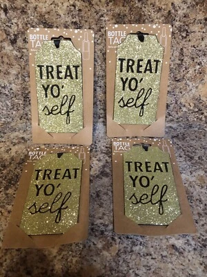 Funny Wine Bottle Tags Black & Gold Glitter - Treat Yo Self- 4 Pack Gift Set - Image 1 of 4