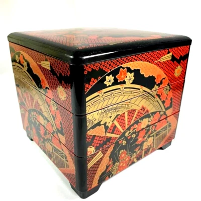 Japanese Stack Bento Box Lunch Container 3-Tiers Lacquered Fun Made in Japan - Image 1 of 4