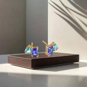 Toi Et Moi Emerald & Pear Cut Gemstone Stud Earrings Blue Sapphire /Ocean Topaz - Picture 1 of 3