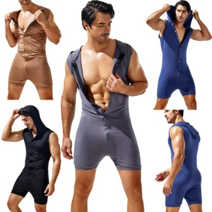 Fashion Men Button Hooded Rompers Fitness Bodysuit Sleeveless Pajamas Loungewear - Picture 1 of 34