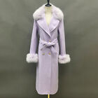 Women Long Wool Coat Fluffy Real Fur Collar Winter Elegant Warm Soft Trench Coat