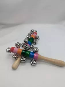 2x Wooden Jingle Stick Bell Stick Musical Instrument bright Multicolored Pair - Picture 1 of 3