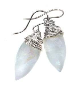 Rainbow Moonstone Earrings Marquis Sterling 14k Solid Yellow Gold Drop Wire Wrap - Picture 1 of 16