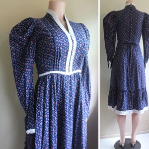 Vintage 70s S Prairie Dress Handmade Calico Long Puff Gunne Saxish 27" Waist - Picture 1 of 8
