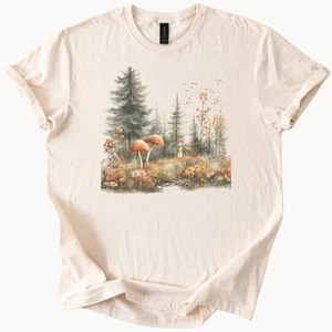 Forest Mushroom T Shirt Cute Fox Fall Nature Graphic Woodland Art Tee - Picture 1 of 6