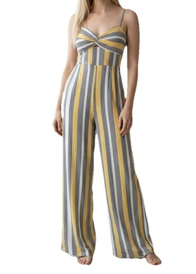 Nuevo con etiquetas Mono Bailey Azul Para Mujer Talla S Amarillo Gris Blanco Rayas Pierna Ancha Fluido Foto 1 de 4