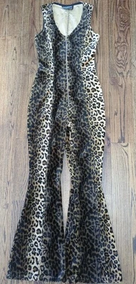 复古唇部服务连身裤人造毛皮猎豹图案喇叭腿铃铛底部 — 第 1/4 张图片