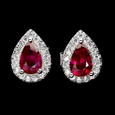 925 Sterling Silver Earrings Pear Ruby 6x4mm Natural Gemstone Jewelry - Image 1 of 4