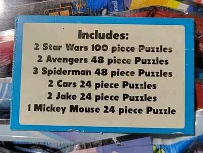 Disney 12 Puzzle Party Pk Star Wars,Avengers,Spiderman,Cars,Jake & Mickey Mouse  - Image 1 of 4