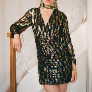 RIXO Golden Mini Fil Coupé Seidenmischung Chiffon Kleid Metallic Feder Jacquard 6 - Bild 1 von 10