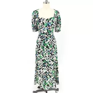 H&M Floral Sweetheart Midi Dress Black Green XS cottagecore preppy coqeutte girl - Picture 1 of 8